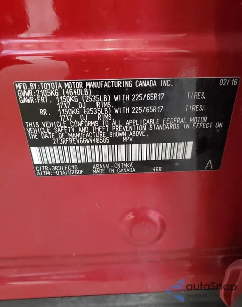 2016 Toyota Rav4 Xle from USA, damaged, VIN 2T3RFREV6GW448585